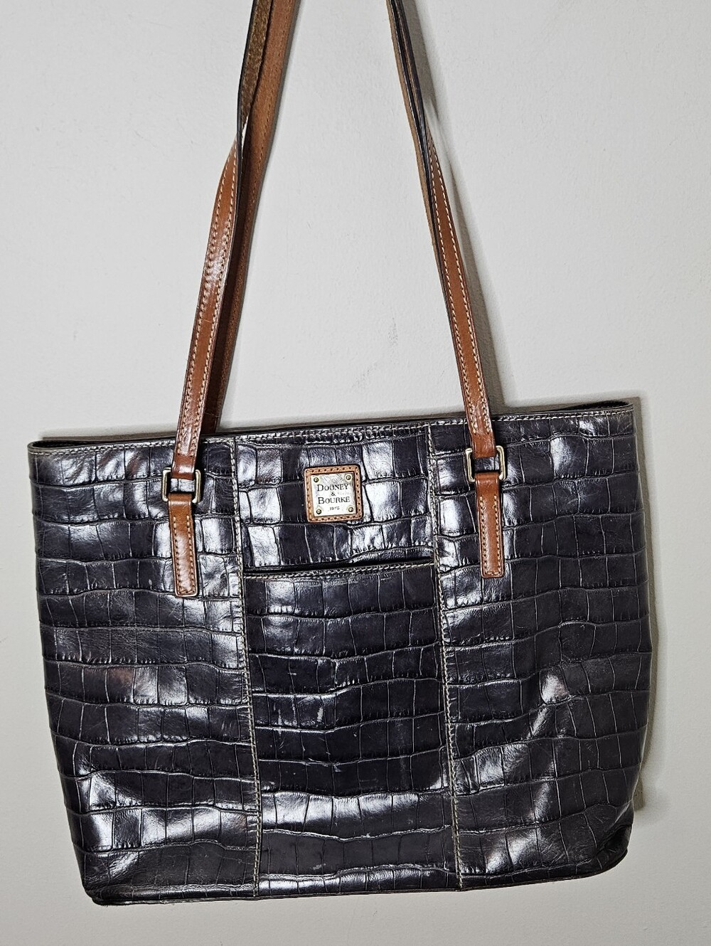 Dooney & Bourke Crocodile Embossed Leather Tote Black Gray Brown Straps
